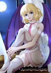 bat_wings blonde_hair blue_eyes breasts dress female female_only fishnets full_moon garter_straps high_heels highres large_breasts looking_at_viewer moon necktie night night_sky one_piece pink_lips pink_necktie raida_(j5einmnjp3r49k6) short_hair sky solo stussy_(one_piece) thighhighs vampire white_dress white_footwear wings