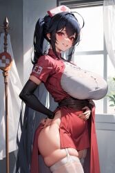 1girls ai_generated azur_lane black_hair blush breasts female flyingpancake hips huge_breasts indoors light-skinned_female light_skin long_hair naughty_face nurse nurse_cap nurse_outfit nurse_uniform red_eyes smile stable_diffusion taihou_(azur_lane) thick_thighs thighs twintails wide_hips