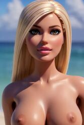 ai_generated bangs barbie_(franchise) barbie_anatomy beach blonde_female blonde_hair brown_eyes curved_eyebrows large_breasts realistic tanned_female tanned_girl tanned_skin topless topless_female tropical