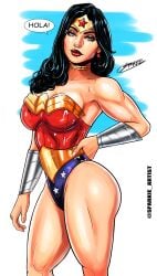 1girls alternate_version_available artist_name big_breasts black_hair blue_eyes choker dc dc_comics dialogue diana_prince female female_only leotard solo spanish_dialogue spanish_text sparkietheartist speech_bubble talking_to_viewer thick_thighs thighs twitter wonder_woman wonder_woman_(series)