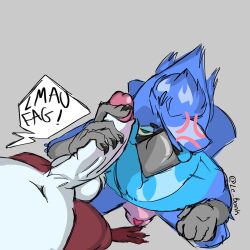 angry anthro avian avio_(avioylin) balls beak bo_(boink) boink bulge clothing crouching duo genitals hi_res high-angle_view humanoid_genitalia humanoid_penis male male/male penis simple_background sitting slur speech_bubble underwear