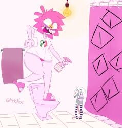 1boy 4_fingers ass ass_up bath bathroom bulge bulge_through_clothing bunny bunny_boy bunny_ear bunny_ears bunny_feet bunnygirl butt butt_up femboy femboy_focus giantess girly girly_boy hair huge_ass male mrkattuz_(artist) open_mouth partido_revolucionario_institucional pink_(mrkattuz) pink_body pink_hair reggie_(whygena) scared size_difference sweater sweater_dress sweater_only teeth_showing teeth_visible thick_ass tongue whygena wide_hips