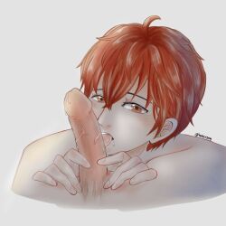 2boys bishonen blowjob_only face_closeup gay given_(anime) licking_penis red_hair sato_mafuyu_(given) yaoi young