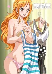 1girls belly big_breasts breasts busty curvy female female_only log_pose long_hair nami one_piece orange_hair post-timeskip post_timeskip raida_(j5einmnjp3r49k6) shirt_removed solo topless underboob