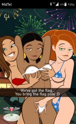 3girls 4th_of_july accurate_art_style american_flag_bikini artist_signature bikini black_hair blue_eyes bonnie_rockwaller breast_grab breasts brown_eyes brown_hair chocolate_and_vanilla dark-skinned_female dark_skin disney disney_channel earrings english_text female female_only fireworks fourth_of_july gagala green_eyes holidays human human_only interracial interracial_yuri kim_possible kimberly_ann_possible light-skinned_female light_skin long_hair monique_(kim_possible) multiple_girls orange_hair phillipthe2 ponytail red_eyes short_hair sling_bikini snapchat text yuri