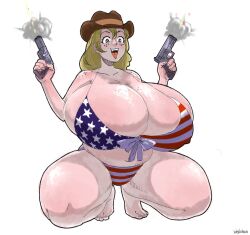 1girls :p american_flag_bikini big_breasts bikini blonde_hair breasts breasts_bigger_than_head breasts_bigger_than_torso cleavage cowboy_hat enormous_breasts female female_focus female_only flag_bikini flag_print flag_print_bikini freckles freckles_on_breasts gigantic_breasts gun huge_breasts hyper_breasts kneeling large_breasts massive_breasts on_knees side-tie_bikini solo solo_female solo_focus stereotype tongue_out white_skin