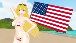 1female 1girls 3d 4th_of_july american_flag american_flag_bikini arm_behind_head big_breasts busty female female_focus female_only hand_on_hip large_breasts model_pose navel pinup pose posing rooster_teeth rwby sensual smile solo solo_female solo_focus standing theblackbirdcalls yang_xiao_long