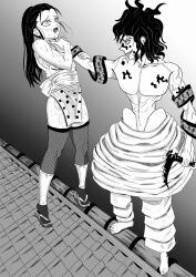 breath_cloud chaosorange7 choking defeated demon demon_slayer drooling gyutaro heroine_in_trouble hinatsuru_(kimetsu_no_yaiba) kimetsu_no_yaiba monochrome muscular_male on_roof pussy_juice pussy_juice_drip put_them_grippers_away ryona skinny_male sweat