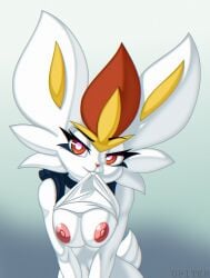 2d anthro bunny_ears bunny_tail cinderace female female_cinderace female_focus female_only flirting flirting_with_viewer fur furry furry_only gray_background nintendo orange_eyes pokémon_(species) pokemon up1ter watermark white_fur