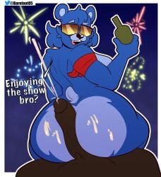 absurd_res anthro ass barefoot05 bear bodily_fluids cum cum_on_butt duo epic_games eyewear female fireworks fireworks_team_leader fortnite furry genital_fluids glasses hi_res hot_dogging male mammal