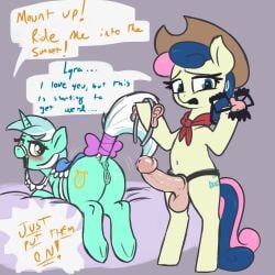 absurd_res anus blush bonbon_(mlp) clothing cowboy_hat dialogue dildo english_text equid equine female female/female feral friendship_is_magic hasbro hat headgear headwear hi_res horn lyra_heartstrings_(mlp) mammal my_little_pony sex_toy strapon t72b text unicorn yuri