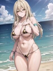 1girls ai_generated beach big_breasts blonde_hair dutch_angle female female_only kaminaki_sekai_no_kamisama_katsudou large_breasts loki_(kamikatsu) looking_at_viewer micro_bikini navel pale_skin solo thick_thighs wide_hips yellow_fur