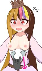 1boy 1girls areolae blonde_hair breasts breasts_out brown_hair crown disembodied_hand dress galaco hat multicolored_hair nipples pink_hair pulling_clothing purple_hair small_breasts vocaloid yellow_hair