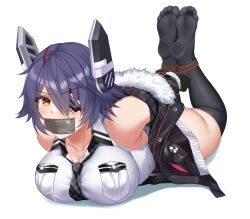 1girls angry bdsm black_thighhighs bondage bound breasts duct_tape feet feet_up gag gagged hogtie jacket kantai_collection kuroshiro_no_tsubasa large_breasts on_stomach purple_hair short_hair socks soles solo tape_gag tenryuu_(kantai_collection) tomboy yellow_eyes