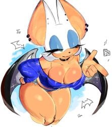 2023 2d 2d_(artwork) bat bat_ears bat_girl bat_wings big_breasts big_thighs blue_eyeshadow blue_shirt breasts busty choker cleavage ear_piercing eyeshadow female female_focus female_only furry green_eyes hi_res highres large_breasts large_thighs mobian mobian_(species) mobian_bat rouge_the_bat sega simple_background smile solo solo_female sonic_(series) sonic_adventure_2 sonic_the_hedgehog_(series) thick_thighs thighs tongue usa37107692 white_background wide_hips wings wink winking