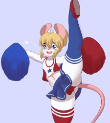 2023 4th_of_july anthro ass big_butt blonde_hair blue_clothing blue_footwear blue_socks blush bodily_fluids buckteeth bulge clothed clothing crop_top crossdressing footwear fur girly hair hi_res legwear male mammal marvin_(mr-shin) midriff mouse mr-shin murid murine on_one_leg pink_inner_ear pink_nose pom_poms ponytail raised_leg red_clothing red_footwear red_shirt red_shoes red_tank_top red_topwear rodent shirt shoes socks solo standing star sweat tank_top teeth thick_thighs thigh_highs thigh_socks topwear white_body white_clothing white_footwear white_fur white_shirt white_socks white_tank_top white_topwear