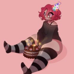 1boy asshushie big_ass big_butt birthday birthday_cake birthday_hat brown_eyes cake dark-skinned_male dark_skin femboy femboy_only food knee_socks kneehighs kneesocks luvanely oc original original_artwork original_character original_characters red_hair ribbed_sweater socks striped_legwear striped_markings striped_socks sweater thick_ass thick_legs thick_thighs wide_hips wide_thighs