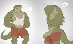 1boy abs alligator anthro bara biceps big_penis bulge crocodile crocodilian crocodylid flaccid_penis foreskin forge_(artist) gay hi_res highres humanoid_genitalia humanoid_penis intact male male_nipples male_only masculine muscles muscular_male partially_retracted_foreskin penis penis_out penis_outline reptile reptile_humanoid semi-erect solo teeth teeth_visible uncut vein veiny_penis wet