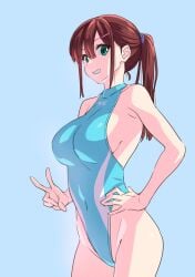 1girls big_breasts brown_hair busty character_request covered_navel female female_only green_eyes grin hand_on_hip hi_res large_breasts legs long_hair one-piece_swimsuit original_character pose posing sideboob smile suzutsuki_kurara swimsuit thighs v voluptuous