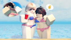 1boy 1girls 3d american_flag_bikini ass_grab beach big_butt black_hair black_hair_male blonde_female blonde_hair female femboy glasses may_(pptakkun) ocean original_character original_characters peace_sign pptakkun red_solo_cup riley_(pptakkun) roblox robloxian slight_blush thick_eyebrows trap