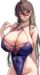 1girls 2023 2d 2d_(artwork) big_breasts blue_swimsuit breasts busty cleavage dyed_hair female female_focus female_only goddess_of_victory:_nikke green_hair guilty_(nikke) hi_res highres hourglass_figure huge_breasts large_breasts light-skinned_female light_skin midriff multicolored_hair navel one-piece_swimsuit purple_eyes simple_background solo solo_female solo_focus string swimsuit tiri_man tongue tongue_out top_heavy voluptuous white_background