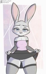 anthro blush bottomwear breasts clothed clothing clothing_lift female fishnet fishnet_legwear fluffytuft fur genitals grey_body grey_fur hi_res judy_hopps lagomorph legwear leporid looking_at_viewer mammal monica_(fluffytuft) nipple_outline no_underwear pussy rabbit skirt skirt_lift solo thigh_highs zootopia