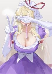 absurdres arm_up blonde_hair blurry breasts cleavage condom covering_face depth_of_field dress elbow_gloves female gloves grey_background gunnjou_yosio hand_up hat highres holding holding_condom large_breasts leaning_forward long_hair mob_cap mouth_hold purple_dress simple_background solo touhou used_condom v very_long_hair white_gloves yakumo_yukari yukari_yakumo