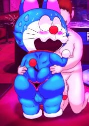 2022 anthro anus ass balls big_butt big_penis blue_body blue_ears blush blush_lines bodily_fluids brown_hair digital_media_(artwork) domestic_cat doraemon doraemon_(character) duo empty_eyes felid feline felis femboy genitals grin hair hand_on_butt hand_on_chest hi_res inside kneeling machine male mammal multicolored_body nekoni nude penis rear_view red_nose red_tail robot smile spread_anus spread_butt spreading standing sweat tail teeth thick_thighs two_tone_body vein veiny_penis whiskers white_body