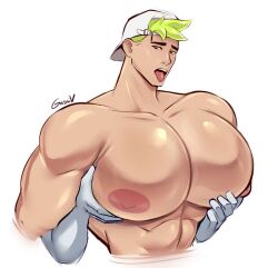 big_breasts big_muscles big_pecs blonde_hair breasts gasaiv gay grabbing_from_behind green_hair huge_muscles huge_pecs male_breasts muscular muscular_male nipples pec_grab pecs seductive_look tagme tongue tongue_out