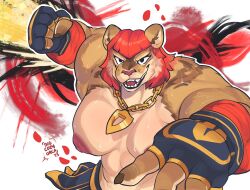 action_pose alternate_species anthro anthro_only big_breasts bigcozyorca breasts capcom clothed clothing fangs felid female fingerless_gloves fist fur furrification gloves hair handwear hi_res lion mammal marisa_rossetti muscular muscular_anthro muscular_female nipples open_mouth pantherine pose red_hair smile solo street_fighter street_fighter_6 tan_body tan_fur teeth topless