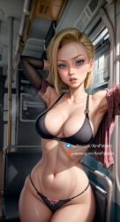 abs ai_generated aim_patreon android_18 armpits arms_up blonde_hair blue_eyes bra breasts building city cleavage collarbone dragon_ball dragon_ball_super dragon_ball_z earrings female gloves ground_vehicle gun jewelry large_breasts looking_at_viewer navel panties parted_lips realistic solo stomach toned underwear