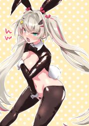 1girls angry artist_request blonde_hair blue_eyes blush bunnysuit covering_breasts covering_crotch fake_animal_ears fake_rabbit_ears fake_rabbit_tail fake_tail female female_only light-skinned_female light_skin open_mouth phase_connect phase_origins rinkou_ashelia solo twintails virtual_youtuber