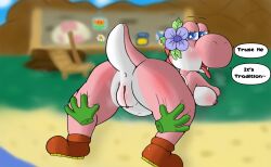 1girls 2023 anthro anus beach blush boots breasts clothing dialogue disembodied_hand female flower footwear genitals hi_res looking_back mario_(series) naughty_face nintendo outside paper_mario plant presenting presenting_pussy pussy seaside side_boob solo tail trippybunny yoshi