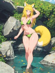 1girls ai_generated big_breasts bikini blonde_hair dungeon_ni_deai_wo_motomeru_no_wa_machigatteiru_darou_ka fox_ears fox_girl fox_tail green_eyes haruhime long_hair swimsuit tagme wide_hips