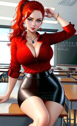 ai_generated big_breasts black_skirt blouse blue_eyes busty classroom cleavage curvy deep_cleavage desk earrings female_focus female_only full_cleavage ginger ginger_hair hourglass_figure huge_breasts large_breasts layla_(dainty) leaning_back leaning_on_desk long_hair looking_at_viewer milf miniskirt necklace pencil pencil_skirt ponytail red_hair red_lipstick red_shirt redhead round_breasts short_skirt sole_female solo solo_female solo_focus stable_diffusion teacher tight_clothing