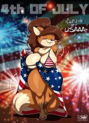 1girls 2020s 2023 4th_of_july amelia_(joaoppereiraus) american_flag american_flag_bikini big_breasts breasts brown_fur brown_hair canid canine closed_eyes clothed clothing dipstick_tail female female_only fluffy_tail fox fur furry joaoppereiraus long_tail partially_nude solo tail text thick_thighs