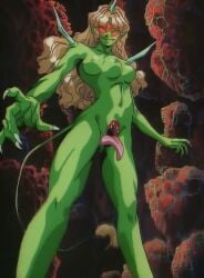1girls 3_breasts athletic_female blonde_hair breasts claws completely_nude demon_girl fangs full_body green_body green_skin horn injuu_gakuen_la_blue_girl kai_fubuki la_blue_girl long_hair monster_girl multi_breast muscular_thighs navel nipples nude nude_female pointy_ears pussy pussy_with_mouth pussy_with_tongue red_eyes screencap screenshot small_breasts spikes standing stitched tail tail_tuft thighs tongue tongue_out vagina_dentata