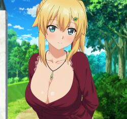 1girls accurate_art_style aqua_eyes arms_behind_back big_breasts blonde_hair blush breasts busty cleavage dress emma_brightness female female_only highres jewelry large_breasts looking_at_viewer necklace screencap side_ponytail smile stitched the_hidden_dungeon_only_i_can_enter voluptuous