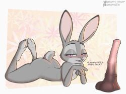 animal_dildo animal_sex_toy anthro ass blush dildo disney equine_dildo female fluffytuft fur grey_body grey_fur hi_res judy_hopps lagomorph leporid lying mammal on_front rabbit sex_toy solo zootopia