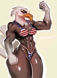 1girls 2023 2d 2d_(artwork) 4th_of_july abs american_flag american_flag_bikini anthro anthro_only avian avian_humanoid bald_eagle beak bicep_curl biceps blue_eyes eagle female female_focus female_only flexing flexing_bicep furry furry_female furry_only furry_tail hi_res highres hips johnfoxart looking_at_viewer muscular muscular_anthro muscular_arms muscular_female muscular_thighs serratus solo solo_female solo_focus thong toned_female toned_stomach triceps wide_hips yellow_beak