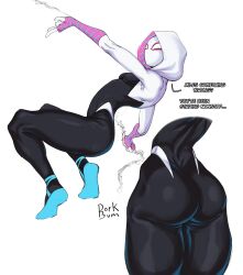 1girls ass ass_focus big_ass bodysuit bubble_butt dat_ass dork_bum dorkbum english_text female fit_female gwen_stacy heroine marvel marvel_comics mask png skintight spider-gwen spider-man:_across_the_spider-verse spider-man:_into_the_spider-verse spider-man_(series) superheroine thin_waist tight_clothing white_background