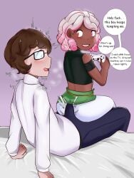 2boys asian_male chocolate_and_vanilla cleopatpatcleo clothed commission commission_art commissioner_upload dark-skinned_femboy dark-skinned_male dialogue erection erection_under_clothes femboy femboy_father gaming gay glasses grayson_(kasmav2) heterochromia imminent_sex interracial kasmav2 looking_back male male/male male_only multicolored_hair original original_characters panting sam_rongyuan sitting_on_lap size_difference steamy_breath yaoi younger_male