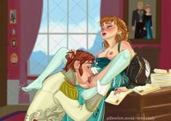 anna_(frozen) blush breasts breasts_out cheating closed_eyes cunnilingus disney frozen_(film) hair_grab implied_cheating licking_pussy looking_pleasured moaning nipples on_table oral_sex pleasure_face prince_hans pussy sex sitting_on_table trembling