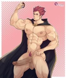 abs balls bara big_balls big_muscles big_nipples big_pecs big_penis cape cape_only elite_four erection hair human lance_(pokemon) male male_only muscular muscular_human muscular_male navel nipples nude pecs penis pokeball pokemon pokemon_champion pubes red_hair solo yozorac1