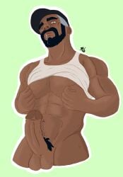 1boy abs artist_initials artist_request balls ballsack bara beard black_beard bottomless clothes_lift dark-skinned_male dark_skin dick erection facial_hair foreskin foreskin_folds green_eyes grey_hair hairy_cock happy_trail hard_cock hard_on hat huge_balls human intact looking_at_viewer looking_down looking_pleasured male male_nipples male_only male_pubic_hair muscles muscular_arms muscular_male mustache nipple_play pecs pecs_touching penis peony_(pokemon) pinching_nipples pinching_own_nipples pokemon pokemon_ss pokemon_ss_crown_tundra retracted_foreskin saliva saliva_drip saliva_string scrotum smooth_penis smooth_skinned_male tank_top tank_top_lift testicles uncut