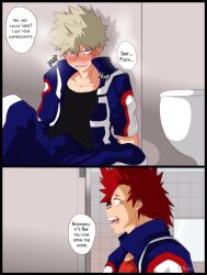 bathroom eijirou_kirishima katsuki_bakugou my_hero_academia nalayaoi no_visible_genitalia tank_top text text_bubble uniform yaoi