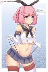 1girls alternate_costume big_ass big_butt bubble_butt crop_top doki_doki_literature_club english_text female female_only highleg_panties midriff miniskirt natsuki_(doki_doki_literature_club) panties pink_hair raionart school_uniform schoolgirl short_skirt skimpy skimpy_clothes skirt solo speech_bubble text thighhighs