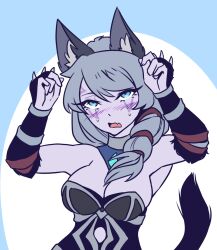 1girls 2d 2d_(artwork) armor armpits artist_request big_breasts blue_eyes blush blush_lines bracers braid breasts cat_tail claws cleavage colored detached_collar dota_2 drow_ranger embarrassed face_tattoo fake_animal_ears grey_hair hands_up long_hair looking_at_viewer looking_up nekomimi open_mouth purple_skin simple_background skin_fang solo strapless sweatdrop tail traxex upper_body