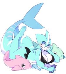 1girls big_breasts bikini black_bikini blue_eyes breasts female female glasses huge_breasts large_breasts plushie punipaws shark shark_girl solo solo_female stuffed_animal the_pose