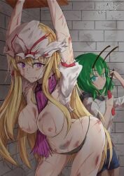 bondage mayokoon_(shinrasetu) ryona skeb_commission touhou wriggle_nightbug yukari_yakumo yuri